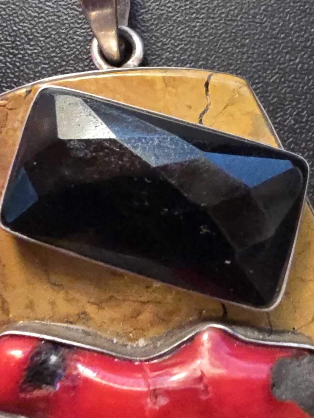 Artisan Southwestern Style Sterling Turquoise Branch Coral Faceted Jet Pendant - Picture 5 of 9